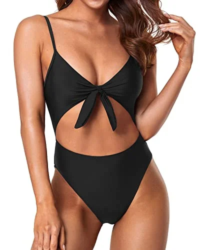 Bowknot Front Hollow Out Monokini Swimsuits Sexy Monokini-Black