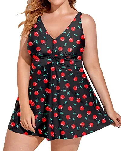 Women's Adjustable Shoulder Straps Plus Size One Piece Swimdress-Black Cherry