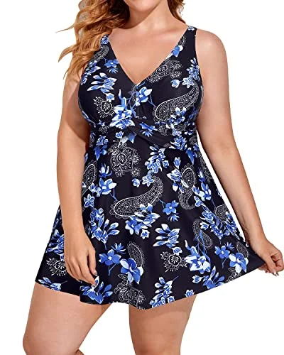 V Neck Women One Piece Plus Size Swim Dress With Shorts-Blue Paisley