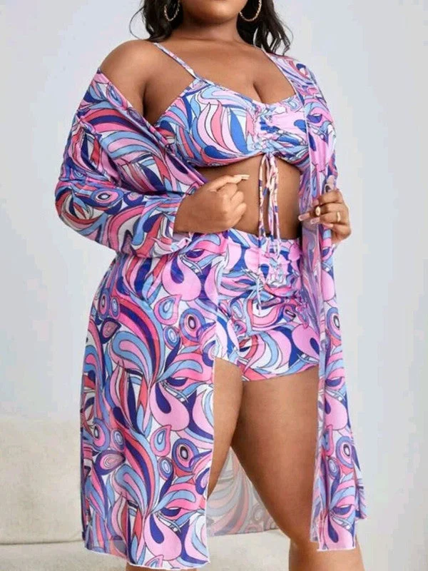 Plus Size 3-Piece Tropical Print Drawstring Bikini Set With Matching Cover-Up Pink